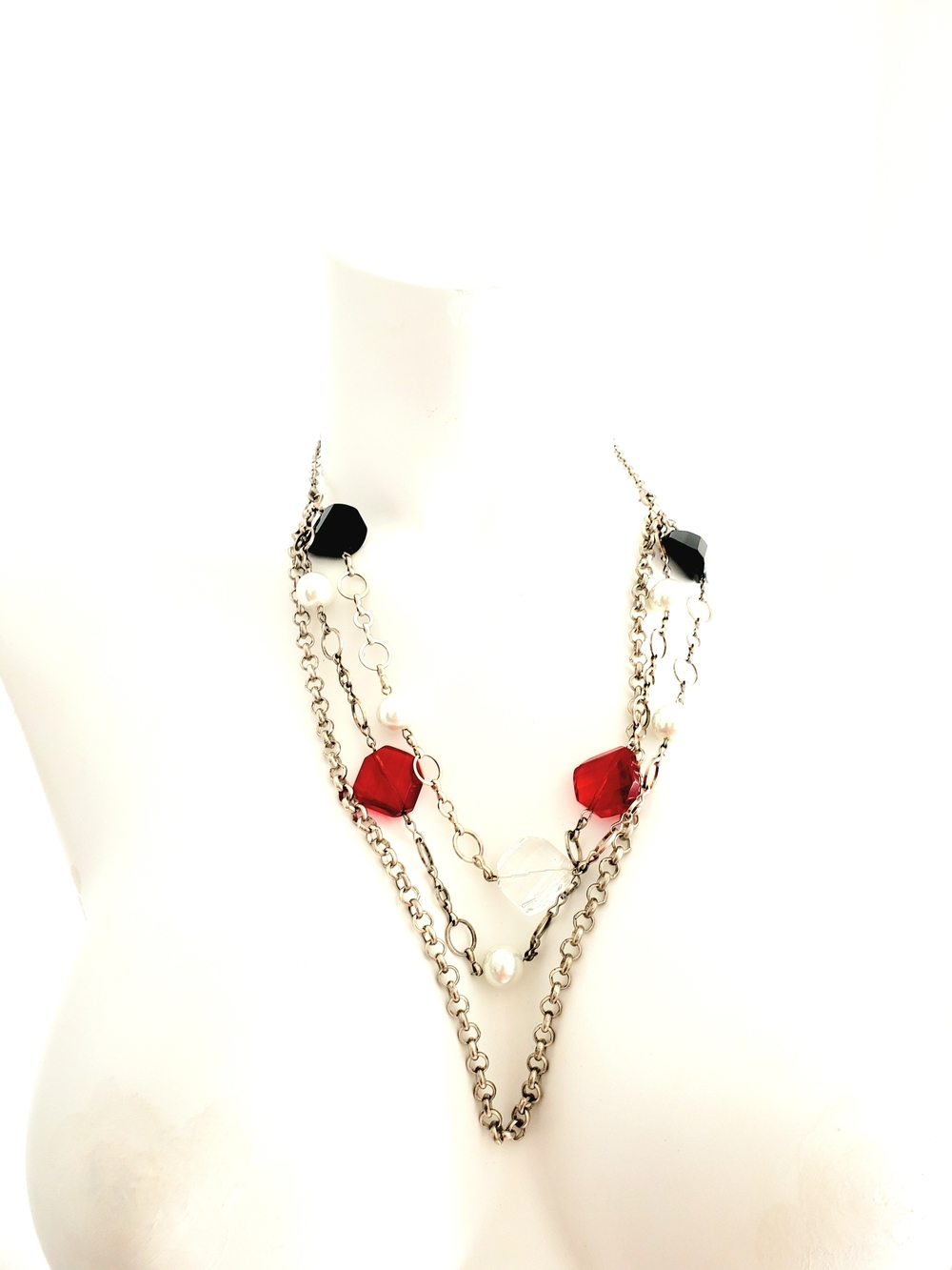 Multi-Strand Red, Black & White Crystal Pendant Necklace - Women Jewelry